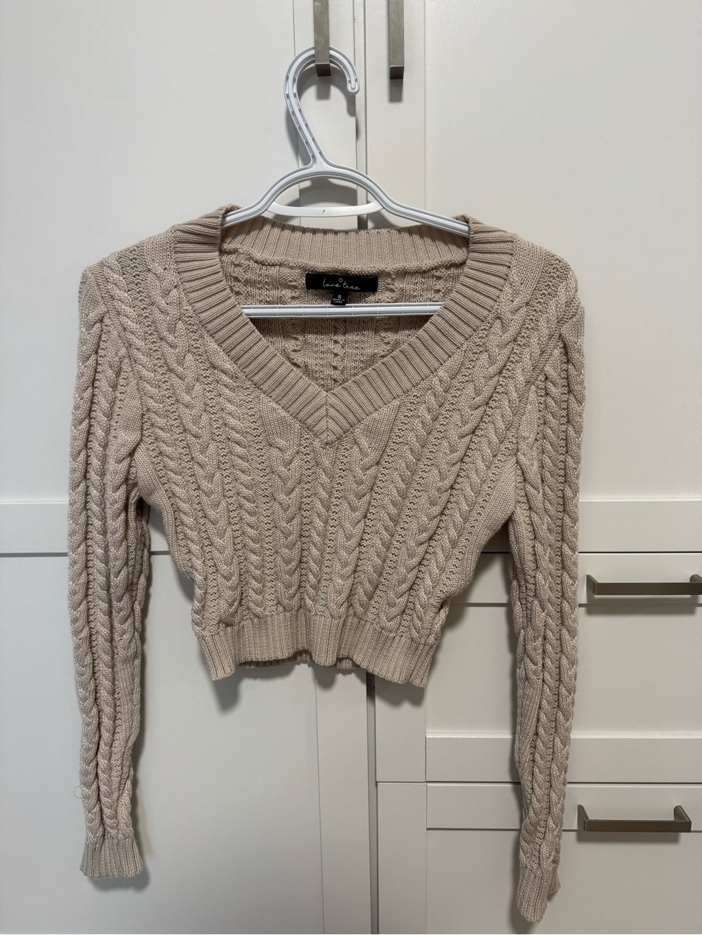 Love Tree Beige Cable-Knit V-Neck Sweater
